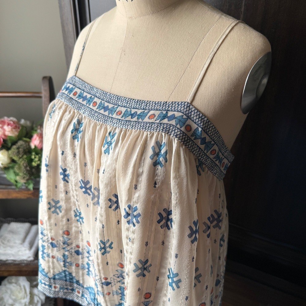 NWT JOIE Rosenda Silk Tank Blouse Aztec‎ Print Cream Blue Metallic Threads L NWT - Picture 8 of 17